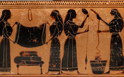 Detalle de la decoración de un recipiente de aceite de terracota (siglo VI a.C.), MET