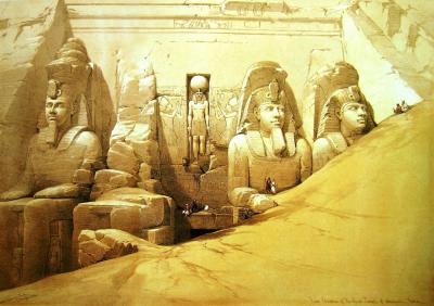 Grabado antiguo del templo de Ramsés II en Abu Simbel
